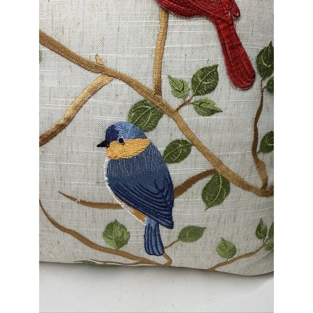 Birds On Branch Decorative Throw Pillows Embroidered Cardinal, Blue, Yellow Bird